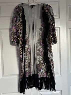 Embroidered Floral Fringe Jacket - Black & Lavender